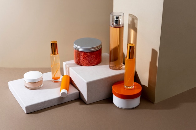 Minimal arrangement of beauty products