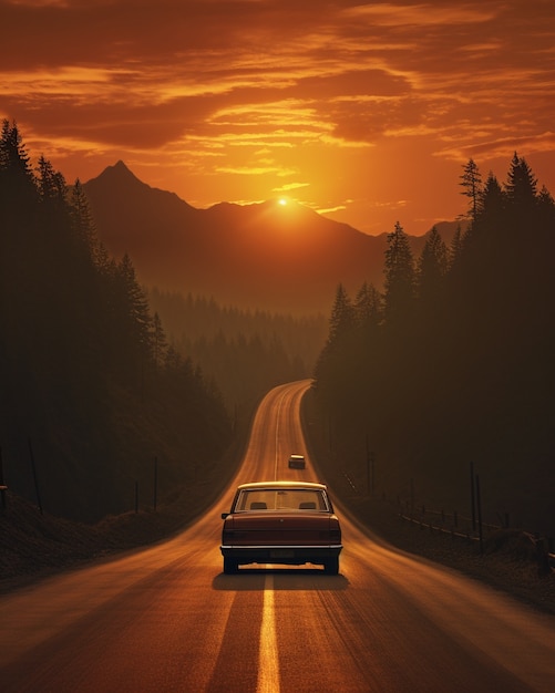 Free photo minimalist photorealistic sunset road