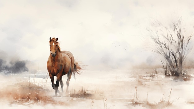 Free photo a minimalist watercolor painting with a horse in winter style