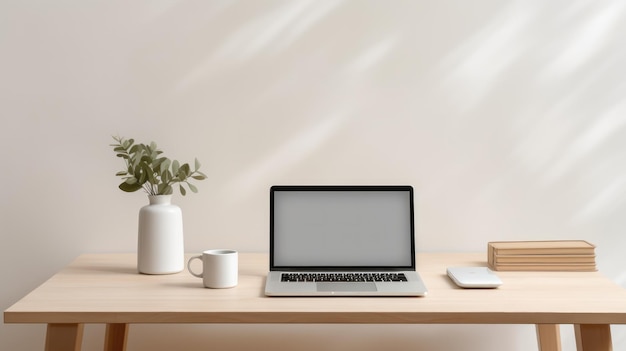 Free photo a minimalist white desk with a laptop coffee mug and notebook