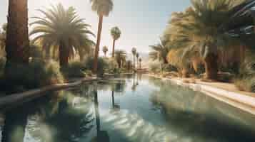 Free photo miragelike oasis with palm trees and a shimmering pool in the arid desert