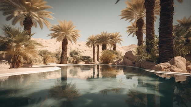 Free photo miragelike oasis with palm trees and a shimmering pool in the arid desert