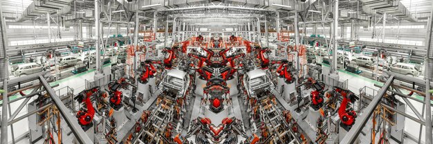 Mirror Panoramic Photo Automobile production line Welding car body Modern car assembly plant