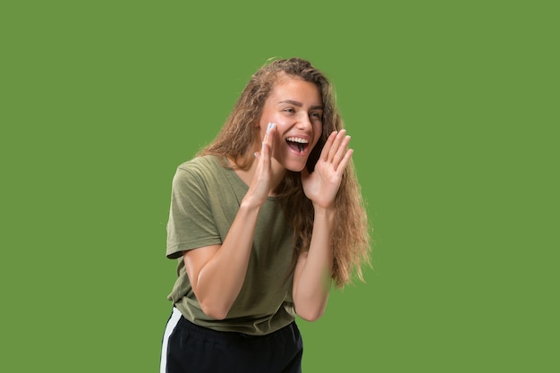 Free Photo do not miss. young casual woman shouting.