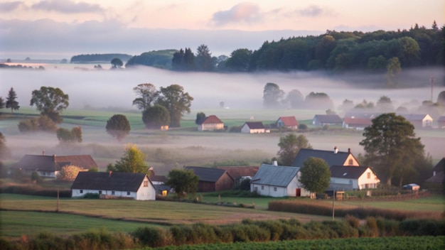 Free photo misty sunrise over a rural village with houses and trees