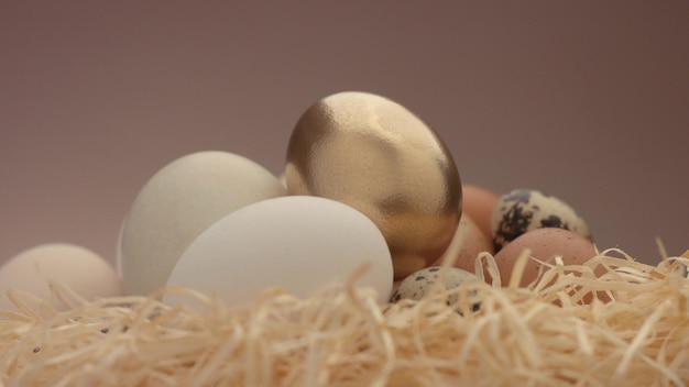 Free photo mix of different eggs and the golden one on the first plane closeup