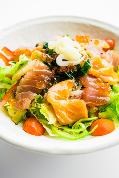 Mixed seafood salad with salmon tuna squid and other fish