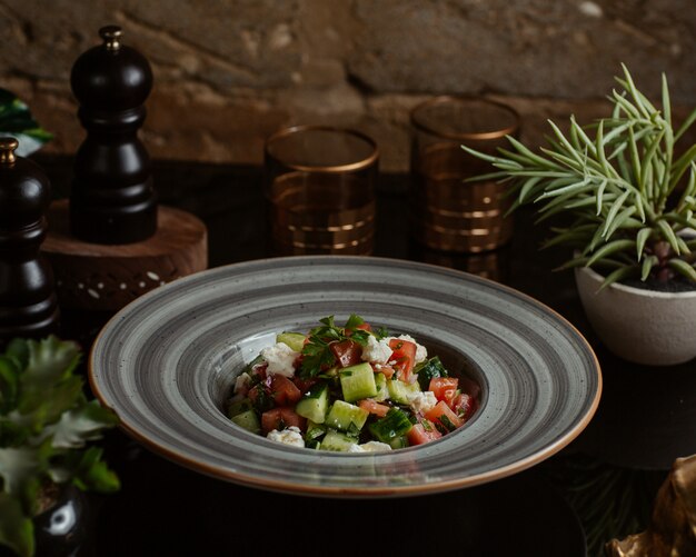 Mixed vegetable salad cut in square shapes inside grey plate