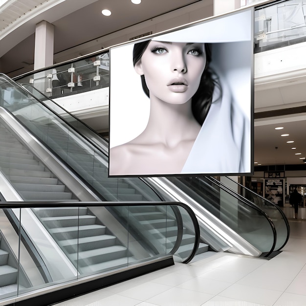 Free Photo mock up of a photo frame with a portrait of a young woman on the escalator