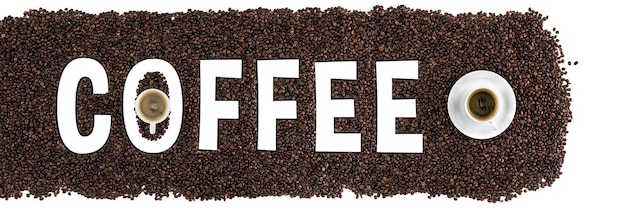 Free photo mockup of coffee beans in form of the word coffee and cup of espresso top view