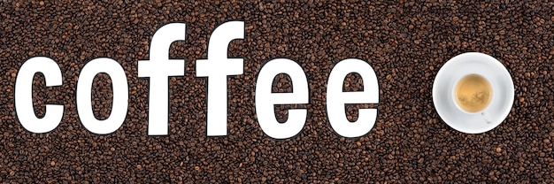 Mockup of coffee beans in form of the word coffee and cup of espresso top view