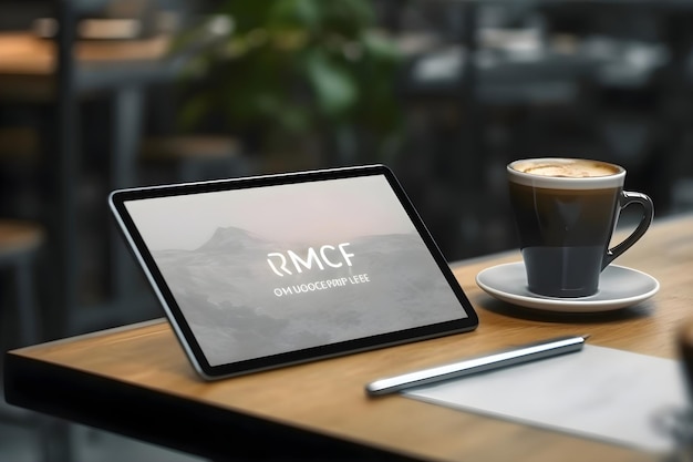 Free photo mockup image of tablet pc and coffee cup on wooden table in cafe