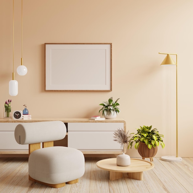 Mockup poster frame in modern interior background with armchair and accessories in the room