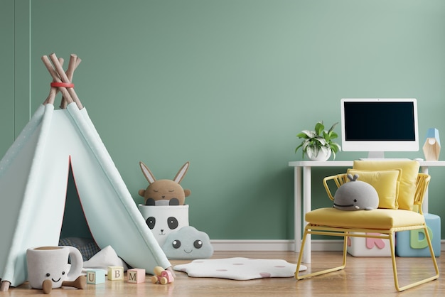 Free Photo mockup wall in the children39s roomworking interior on wall green color background