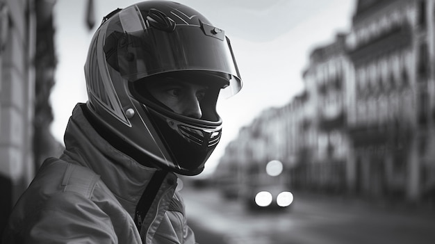 Model wearing motorcycle helmet portrait