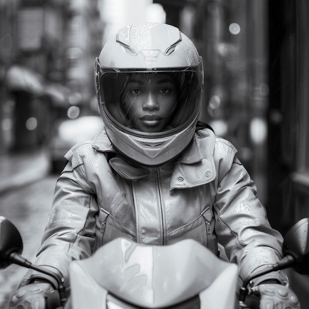 Model wearing motorcycle helmet portrait