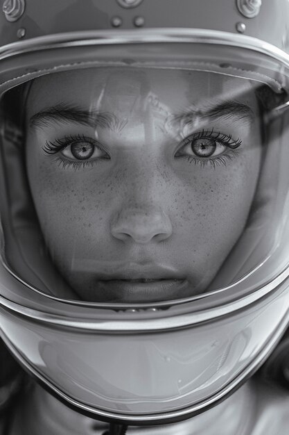 Model wearing motorcycle helmet portrait