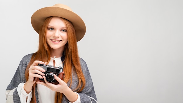 Model with camera and copy-space