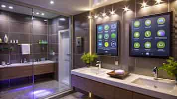 Free photo modern bathroom interior with double sinks and smart technology control panel