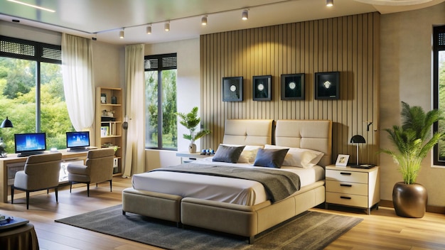 Free photo modern bedroom with large bed wooden wall and natural light