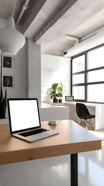 Free Photo modern and bright office interior design with computer laptop mockup 3d rendering