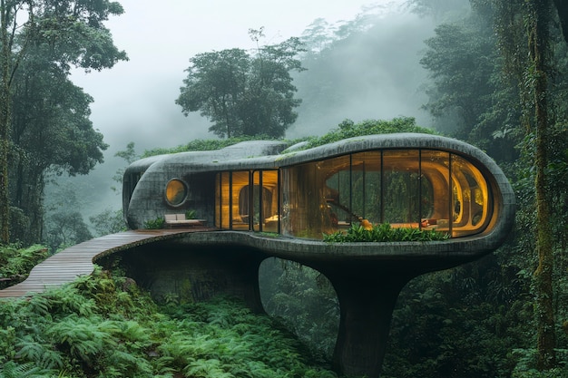 Modern cabin in cloud forest landscape