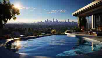 Free photo modern cityscape at dusk reflecting in a tranquil swimming pool generated by artificial intelligence