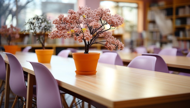 Free photo modern classroom with purple flower pot on wooden desk generated by artificial intelligence