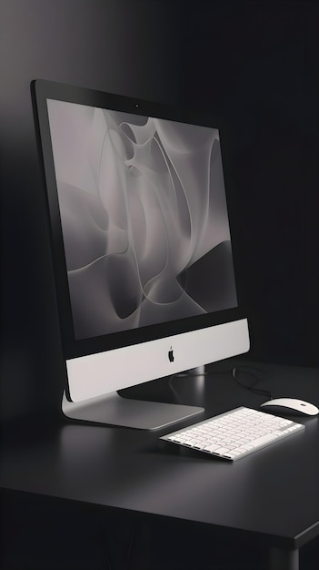 Free photo modern desktop computer with white screen on black table 3d rendering