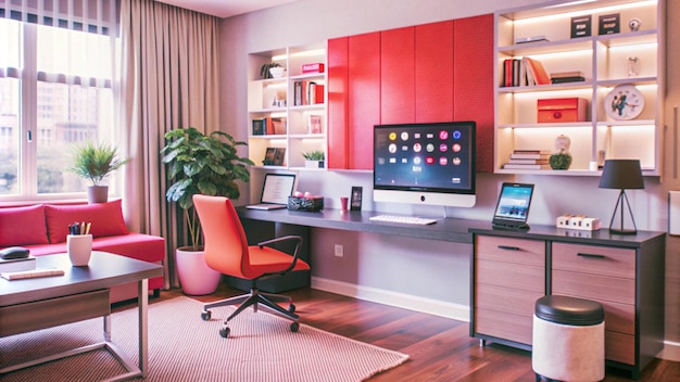 Free Photo modern home office with desk chair and bookshelves