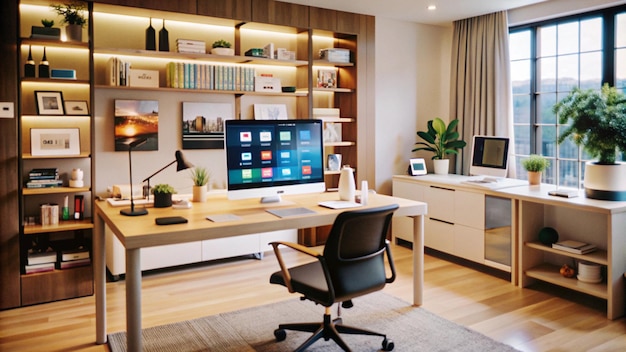 Free photo modern home office with desk computer and bookshelves