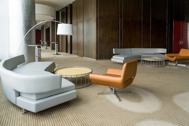 Modern hotel lobby with hallway or office lounge room. 