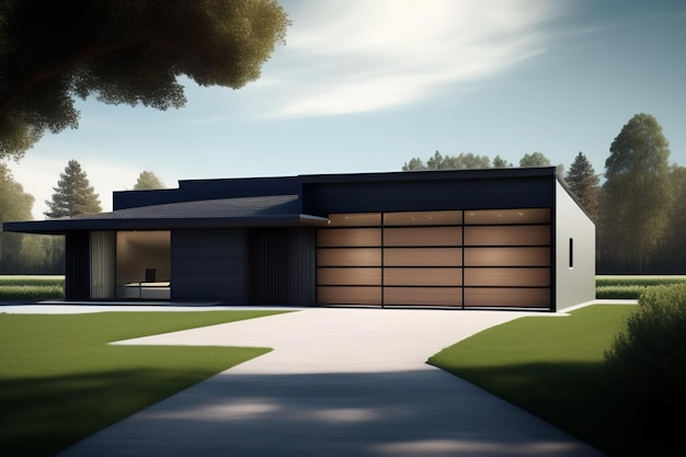 Free Photo a modern house with a black exterior and a large garage door.