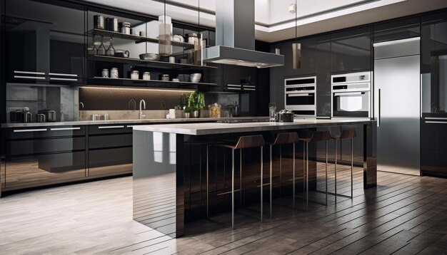 Modern kitchen design with stainless steel appliances and marble flooring generated by AI