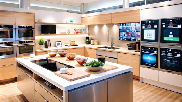 Free photo modern kitchen interior with stainless steel appliances and wood cabinets