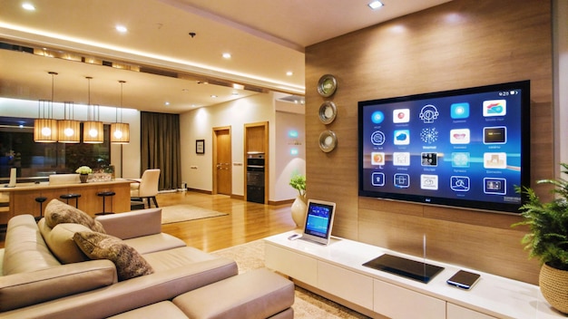 Modern living room interior with a large TV screen displaying a home automation system