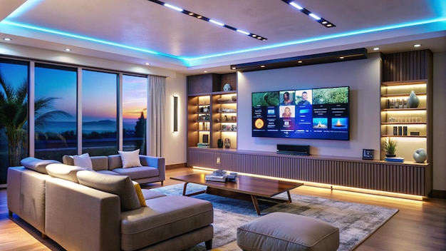 Modern living room with large TV and LED lights