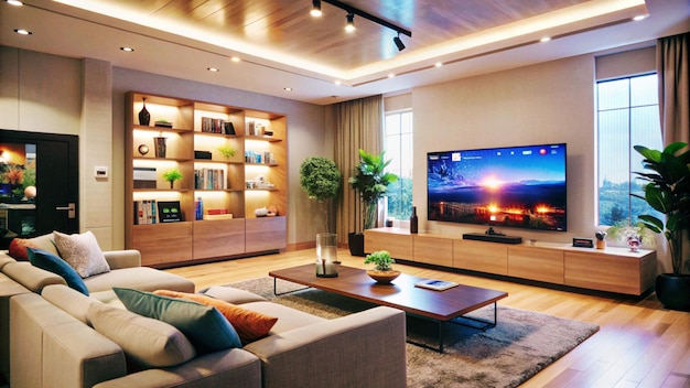 Free photo modern living room with large tv sectional sofa and wooden floor