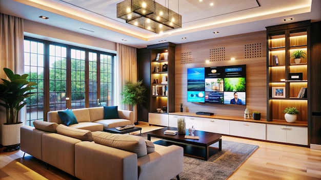 Modern living room with large TV and sectional sofa