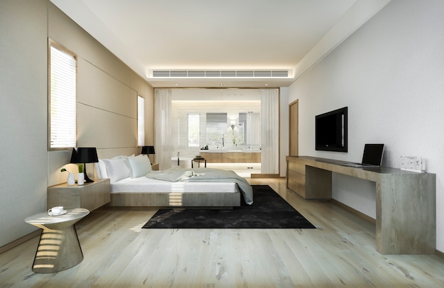 Free photo modern luxury bedroom suite and bathroom with working table