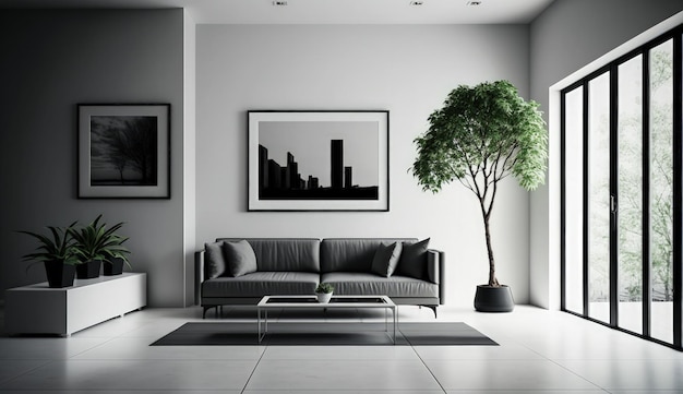 Free photo modern minimalistic interior design of light bright monochrome room with black and white furniture c