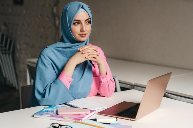 Modern muslim woman in hijab in office room