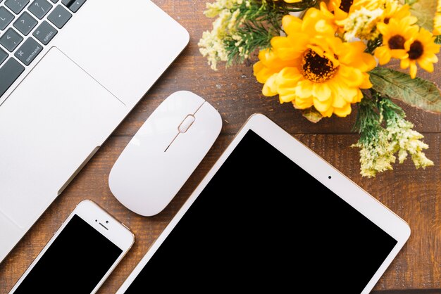 Modern office desk composition with technological device