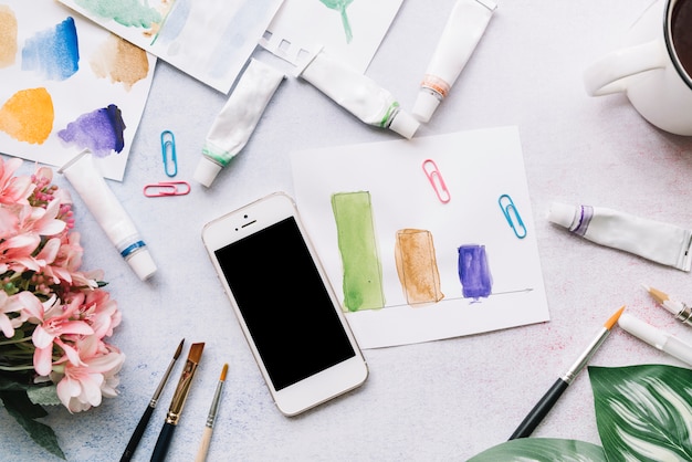 Modern office desk composition with technological device