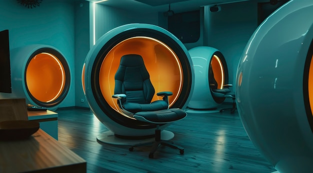 Modern office space with futuristic decor and furniture