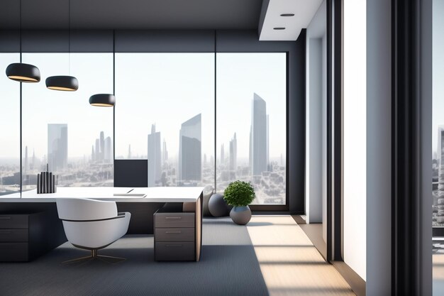 A modern office with a view of the city.