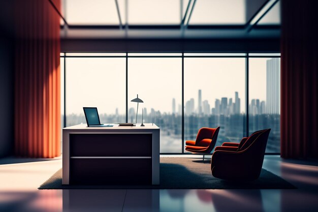 A modern office with a view of a city.