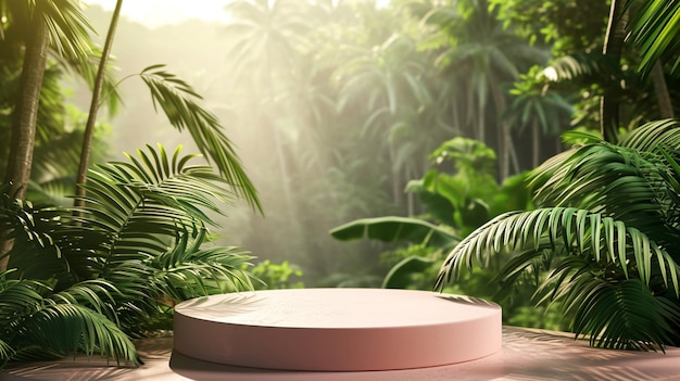 Free photo a modern podium for product design against the backdrop of a tropical forest