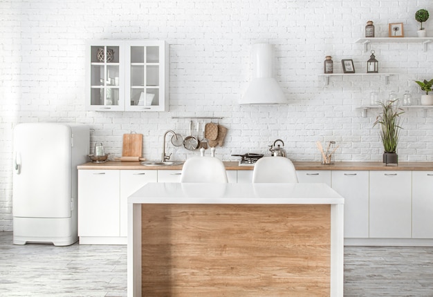 Modern stylish Scandinavian kitchen interior with kitchen accessories