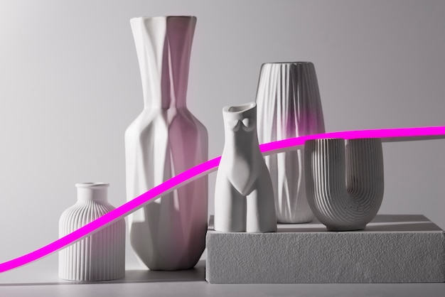 Free photo modern vases and pink neon line